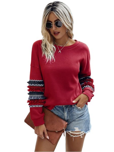 

chevron frill trim drop shoulder sweatshirt s9is#, Black