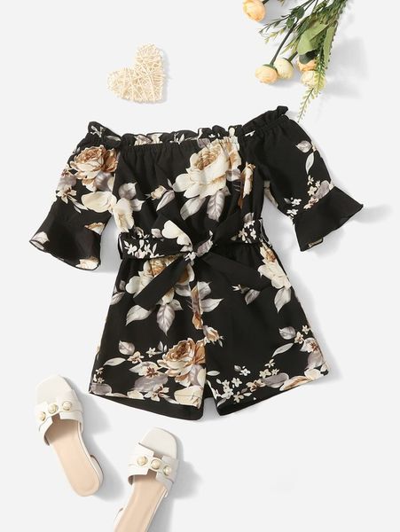 

toddler girls floral print belted romper she, Blue