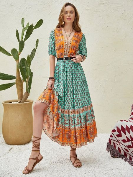 

rusttydustty allover floral puff sleeve ruffle hem dress without belt h4zn#, Black;gray