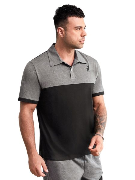 

extended sizes men color block deer print polo shirt 03eu#, White;black