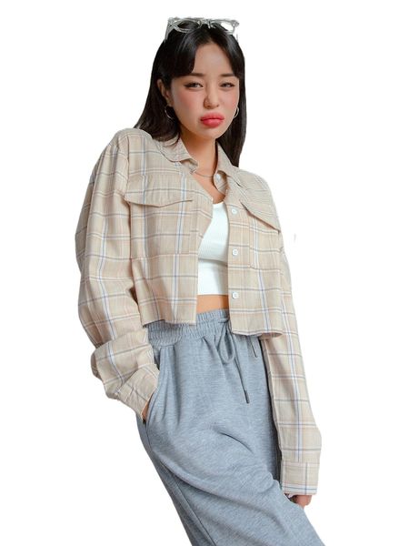 

dazy tartan flap pocket front blouse c88q#, White