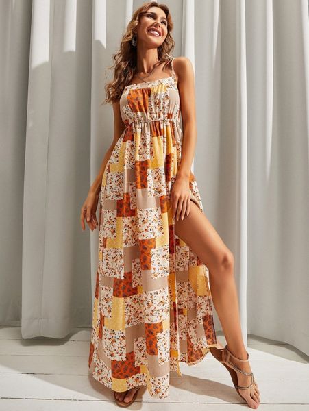 

luukse knot straps split thigh patchwork cami dress t9vi#, Black;gray