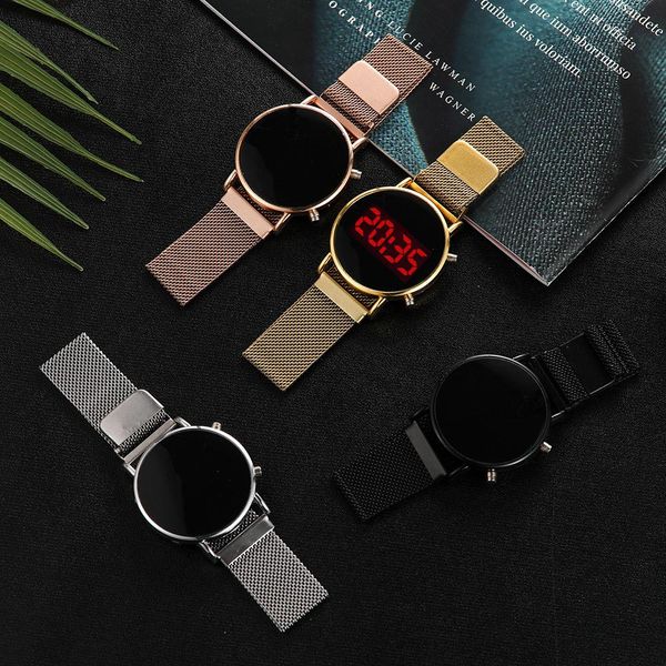

luxury rose gold digital red led dial watches for women stainless steel belt quartz watch ladies magnet clock drop ship, Slivery;brown