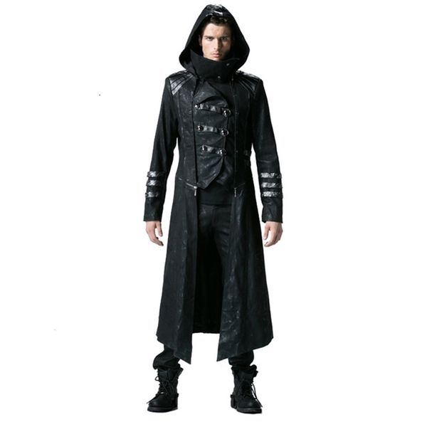 Steampunk Men Trench Coats Black Strentch Twill Coats with Leather Gothic Hooded Detachable Long Winter Coats CJ191128