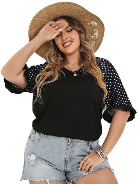 

plus polka dot raglan sleeve tee h6dw#, Black