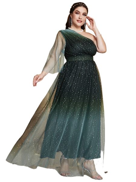 

plus one shoulder ombre sequin mesh prom dress a4ta#, Black