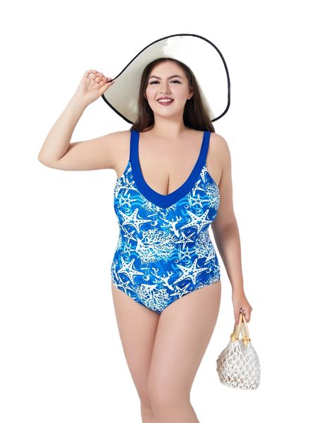 

plus starfish & coral print one piece swimsuit e69s#, White;black