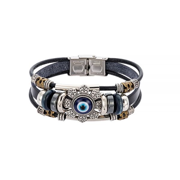 

punk lucky eye turkish evil eye charm bracelets for men women handmade jewelry multilayer black leather bangle female gift, Golden;silver