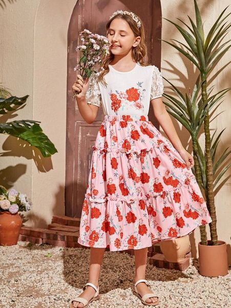 

girls floral print appliques & frill trim skirt she, White