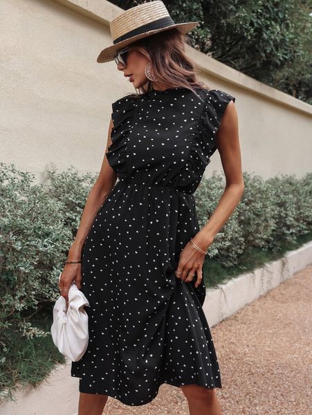 

random confetti heart print frill neck ruffle trim dress 145q#, Black;gray