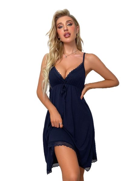 

lace trim tie front cami sleep dress e09z#, Black;red