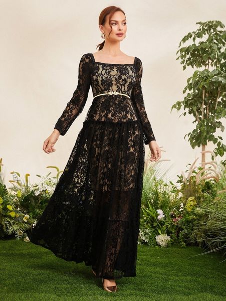 

square neck a-line frill lace dress without belt f4ao#, Black;gray