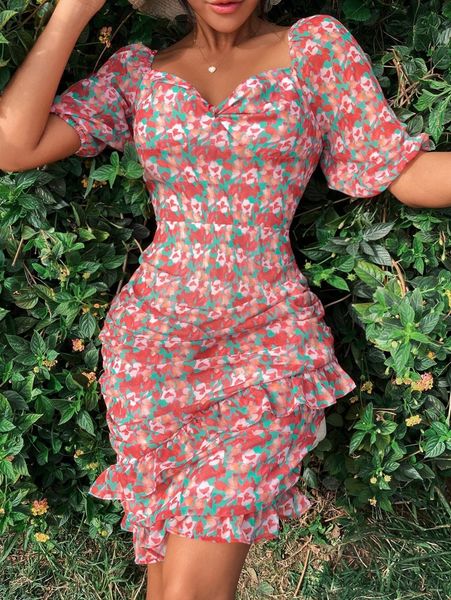 

all over floral print sweetheart neck dress a4jq#, Black;gray