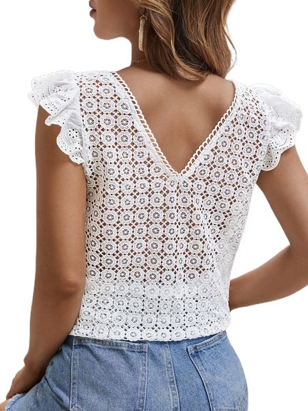 

eyelet embroidered flutter sleeve contrast guipure lace tee a7jv#, White