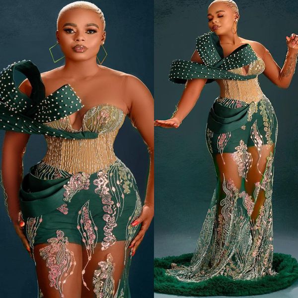 

2022 plus size arabic aso ebi dark green mermaid prom dresses lace beaded evening formal party second reception birthday engagement gowns dr, Black