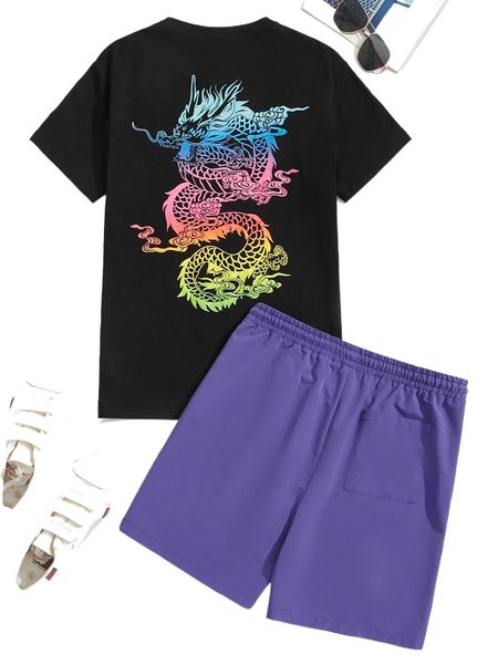 

men chinese dragon graphic tee & drawstring waist shorts f6ct#, Gray