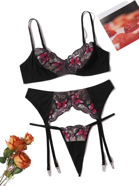 

plus butterfly embroidery garter lingerie set 10fm#, Black;white