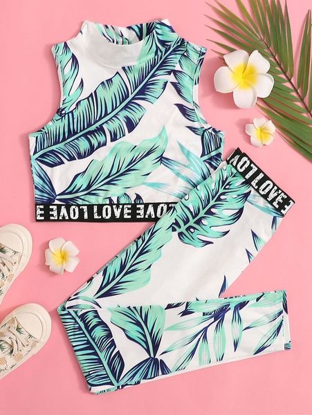 

girls tropical print letter tape & leggings set she, White