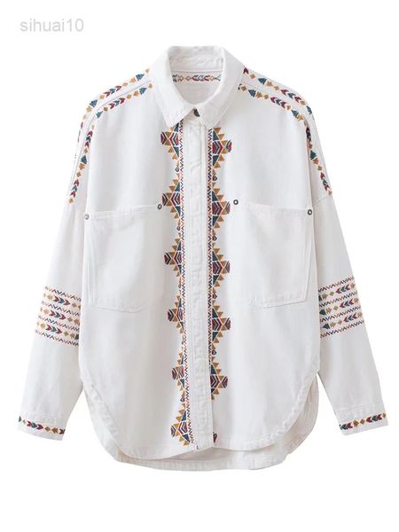 

100% cotton embroidery denim shirt jackets woman 2022 elegant blouses outfits female loose shirts girls vintage clothing l220725, White