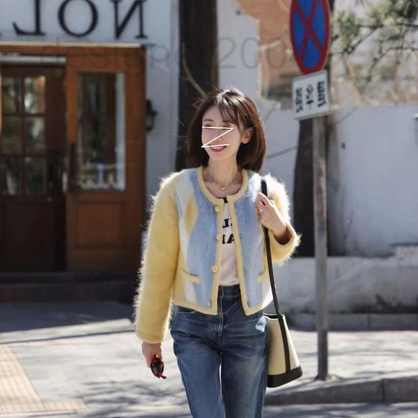 

women's sweaters designer star same yellow geometric color matching mohair knitted cardigan 22 autumn new small fragrance age reducing, White;black