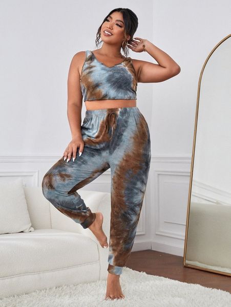 

plus tie dye notched neck knot front pj set u7qd#, Black;white