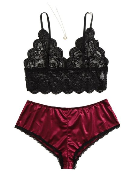 

plus floral lace scallop trim lingerie set 394j#, Black;white