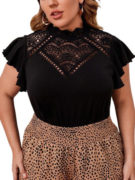 

plus guipure lace panel butterfly sleeve tee 507a#, Black