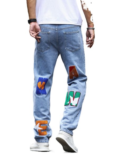 

men letter patched straight leg jeans 03qo#, Blue