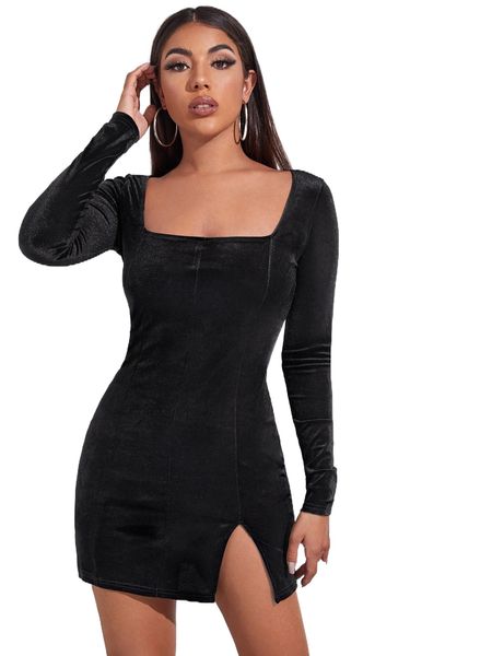 

split hem velvet bodycon dress 73hr#, Black;gray