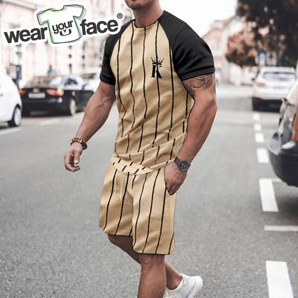 

king stripe pattern 3d all over printed t shirts shorts sets tracksuits casual sports beach streetwear vocation men clothing 220609, Gray
