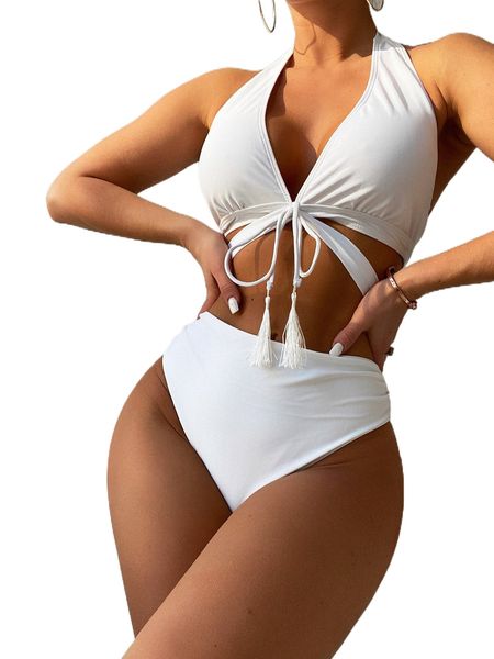 

plain ruched halter bikini swimsuit 01yb#, White;black