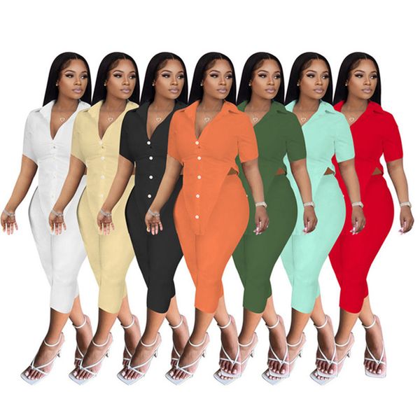 

wholesale shirt suits for summer women 2 piece sets summer asymmetircal outfit solid cardigan short pants tracksuit 7391, White