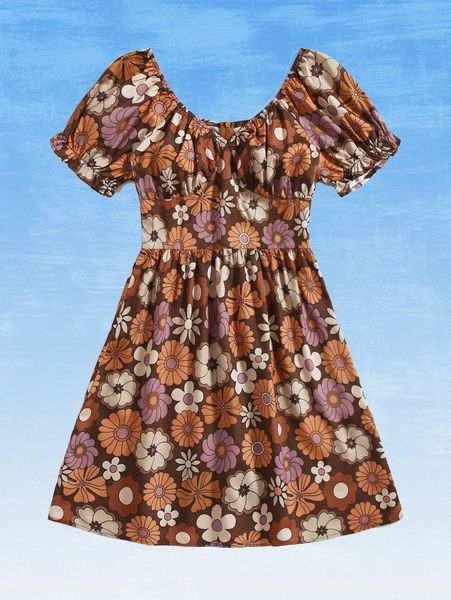 

romwe floral print puff sleeve dress z8l7#, Black;gray