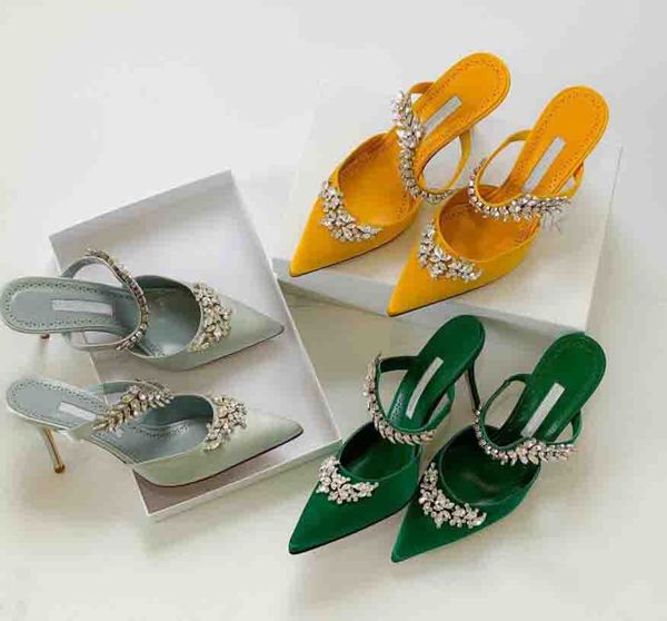 

luxury brands lurum sandals slide shoes for women high heels leaf crystal-embellished satin mules pointed toe slipper pumps eu35-42, Black