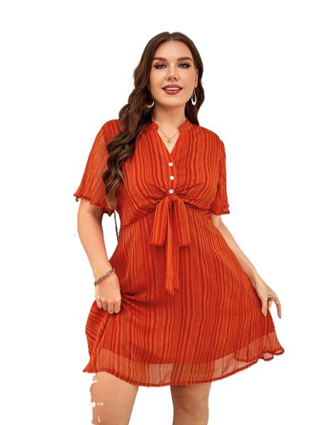 

plus striped notched neckline knot front dress e45q#, Black