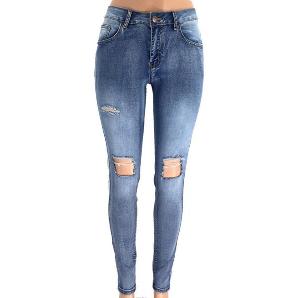 

jeans womens skinny ripped destroyed denim knee with hole women low waist pants aa, Blue