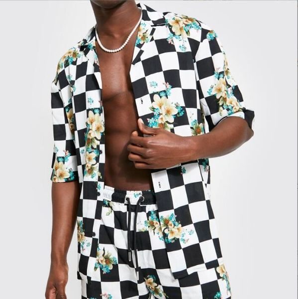 2022 Summer Men's Tracksuits casuais preto e branco estampa de flor estampa de zebra de lapela shorts de peito de peito de caça de peito mais roupas de tamanho grande