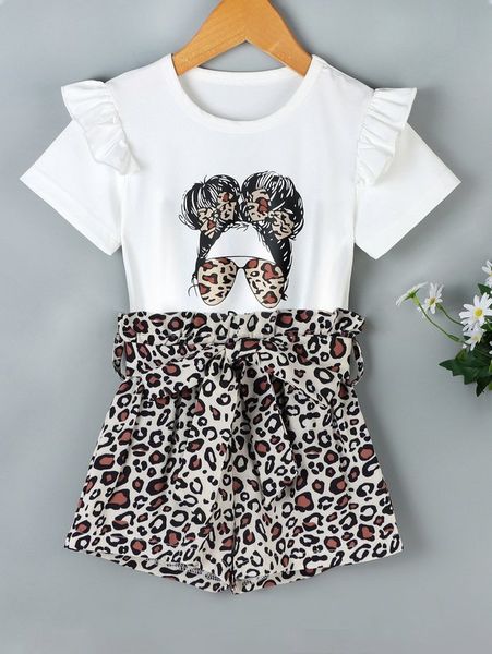 

toddler girls figure graphic ruffle trim tee & leopard belted shorts she, White
