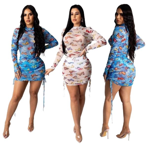 

bodycon dress women butterfly printed mesh perspective lace up midi flirty charming lady club party vestidos woman clothes casual b6ql#, Black;gray