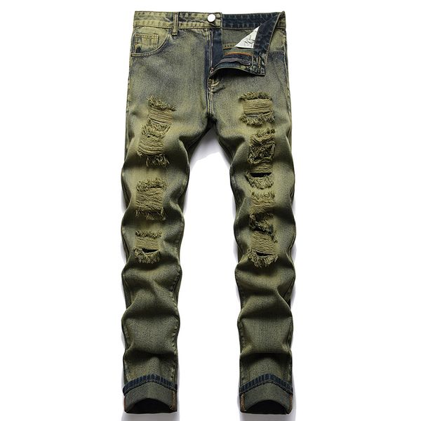 Türkisschwarzer schlanker gerades zerrissener Jeans 2022 Freizeit mehrere Löcher Denimhose Herbst und Frühling männliche Kleidung Pantalone