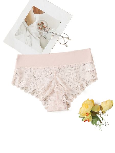 

plus floral lace contrast binding panty b4ew#, Black;white