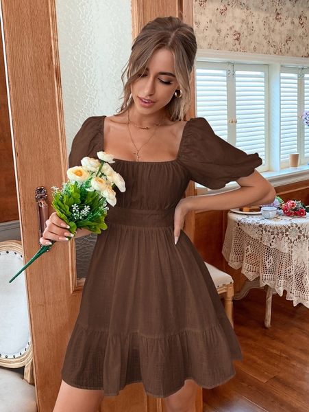 

solid tie back flounce hem dress g0ke#, Black;gray