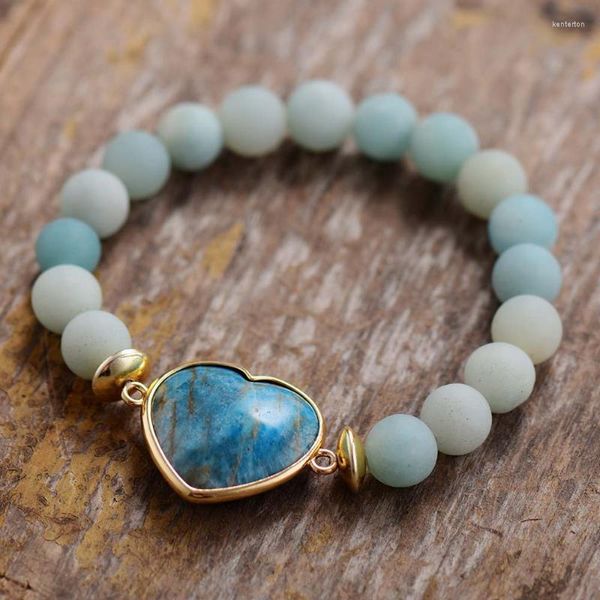 Bracelets de charme Romântico Coração Mulheres 8mm Amazonite Estrutura de pulseiras elásticas de pulseira de pulseira Bijoux DropCharm Kent22