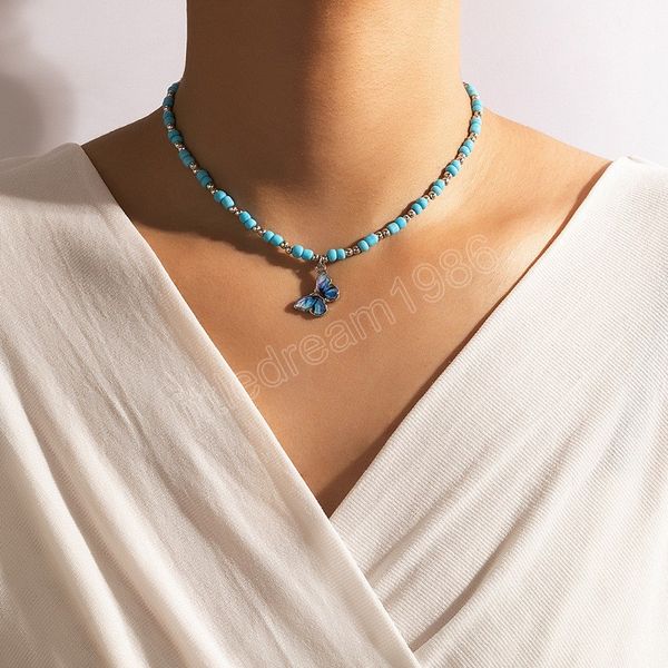 

bohemian ethnic necklace blue beaded butterfly pendant single layer chain necklaces, Silver