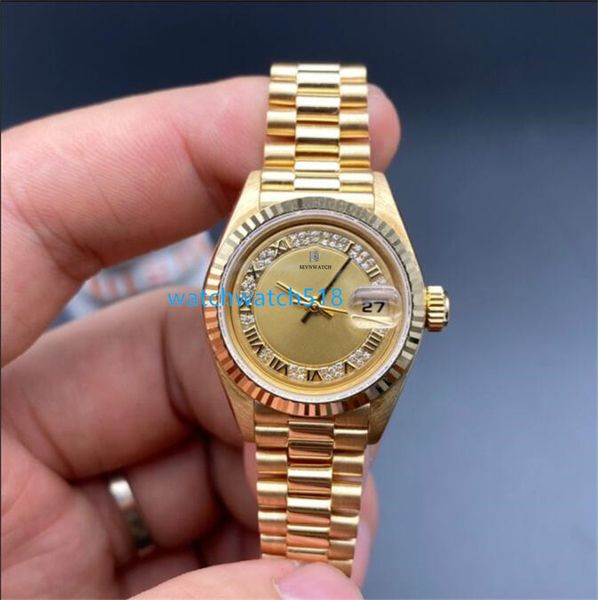 

luxury womens watch romen diamond dial 69178 26mm big magnifier waterproof mechanical yellow gold steel bracelet classic sapphire watches, Slivery;golden