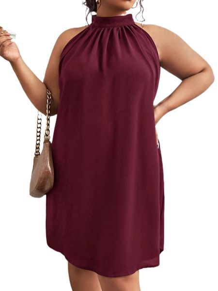 

plus solid key hole back halter dress q6df#, Black