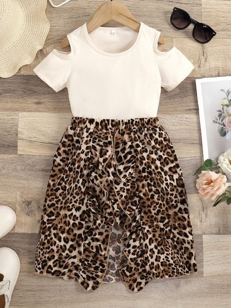 

toddler girls cold shoulder tee & leopard print ruffle trim slit skirt she, White