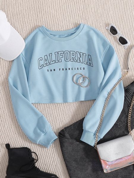 

letter graphic drop shoulder crop sweatshirt j7ba#, Black