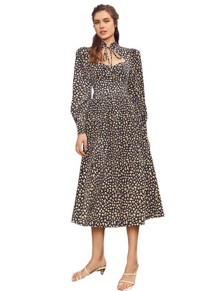 

sweetheart tie front ditsy floral print a line dress m7jq#, Black;gray