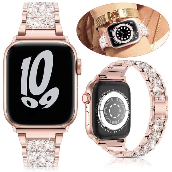 Pulseira de a￧o inoxid￡vel de luxo para ma￧￣ Apple Ultra 49mm Band 42mm 44mm 45mm Women Diamond Telas 38mm 40mm 41mm para Iwatch Series 8 7 6 SE 5 4 3 Pulseira